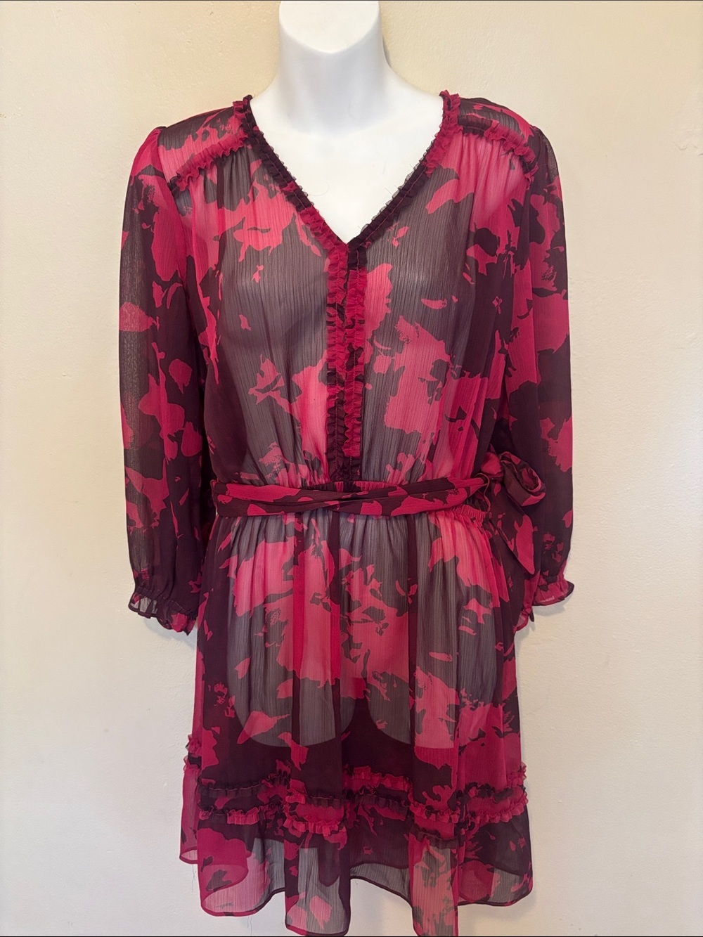 Banana Republic Hot Pink and Black Floral Sheer Belted Dress